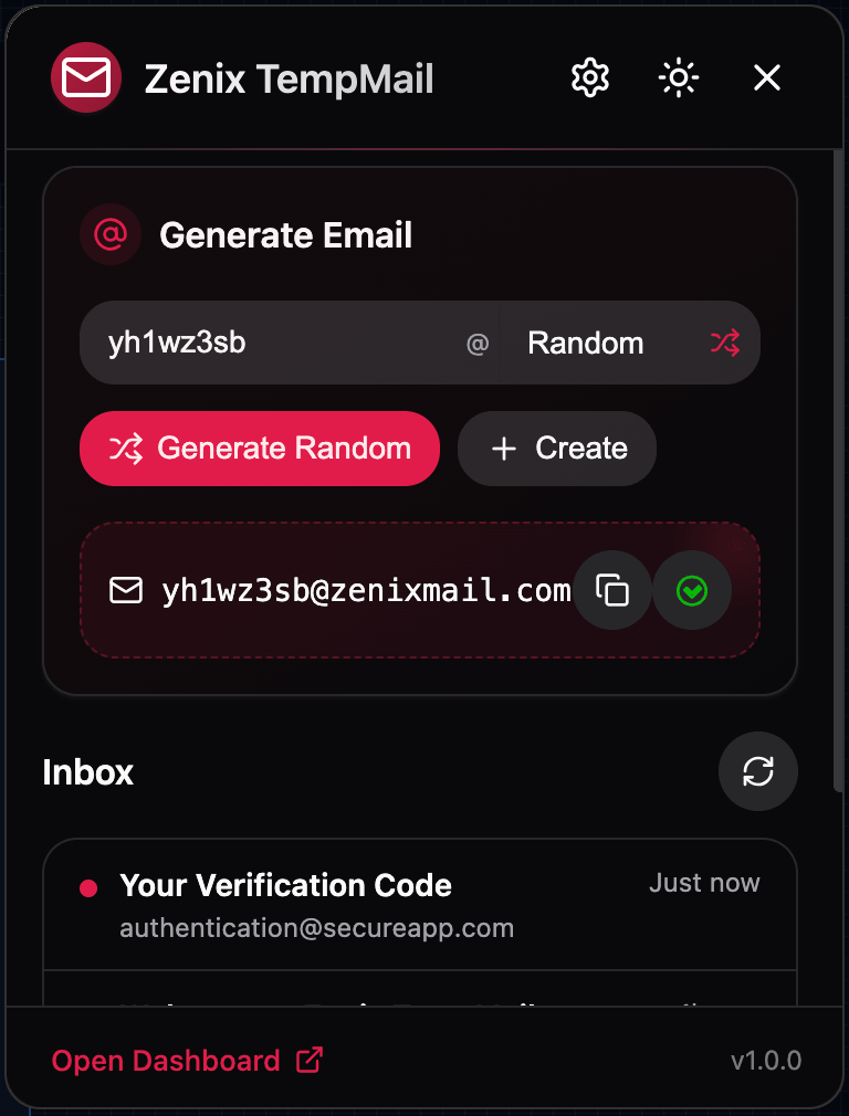 Zenix TempMail Firefox Extension Preview